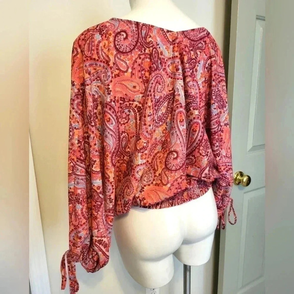 NWT Umgee Multicolored Paisley Print Long Balloon Puff Sleeve V-Neck Blouse(S) - Picture 8 of 13